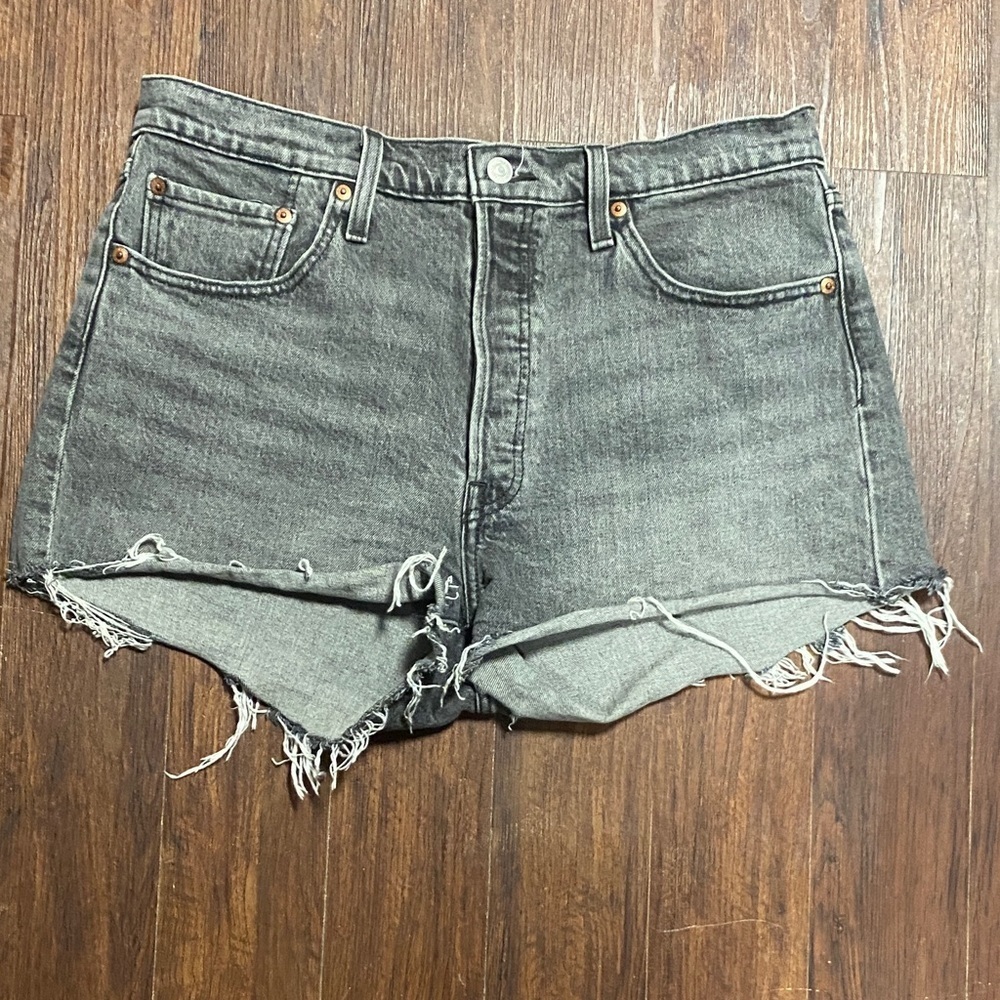 Levi Button Fly Distressed Gray Denim Shorts Size 32